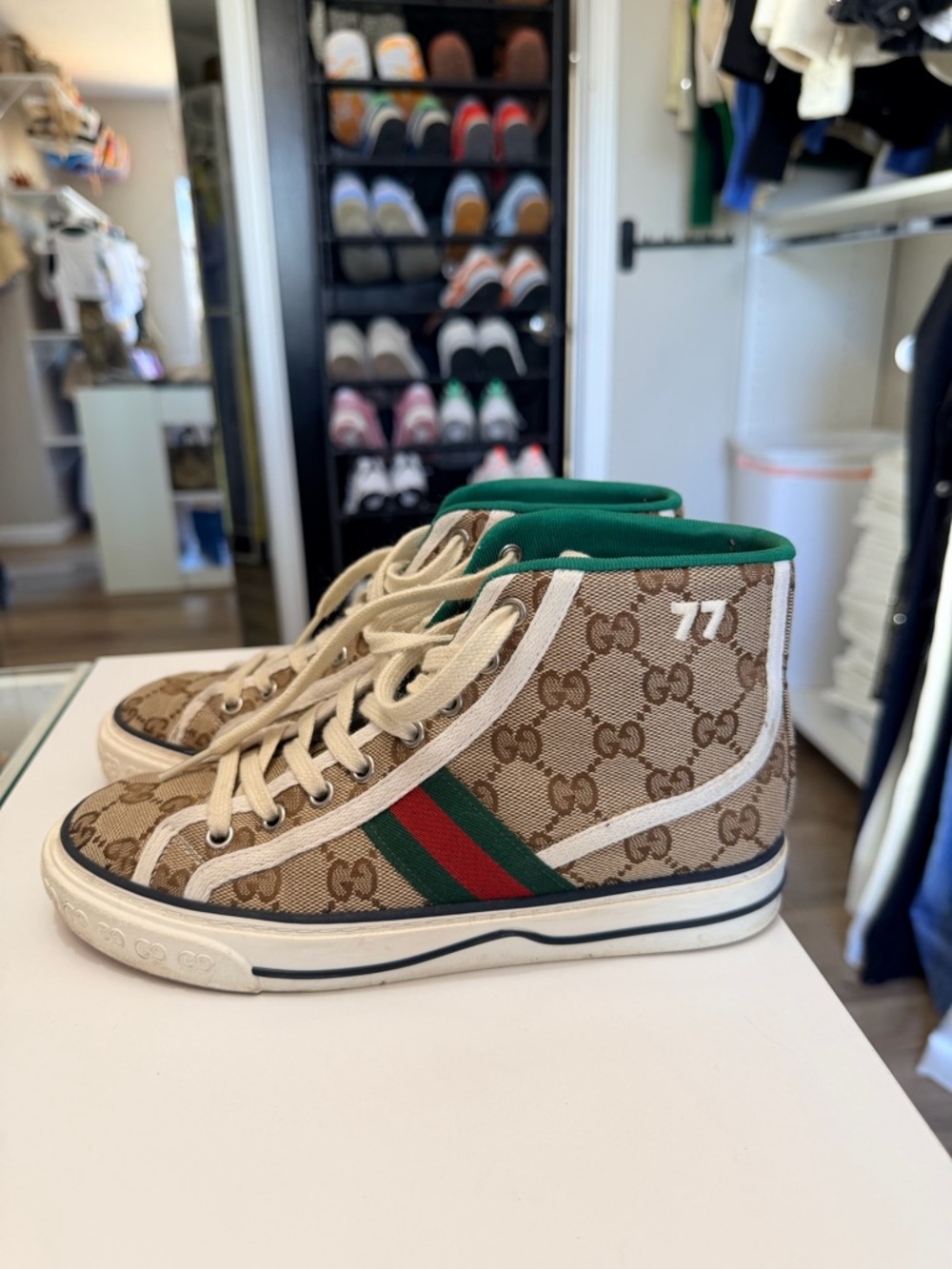 Gucci Adult Women’s Beige GG Supreme High-Top Sneakers with Green and Red Stripe